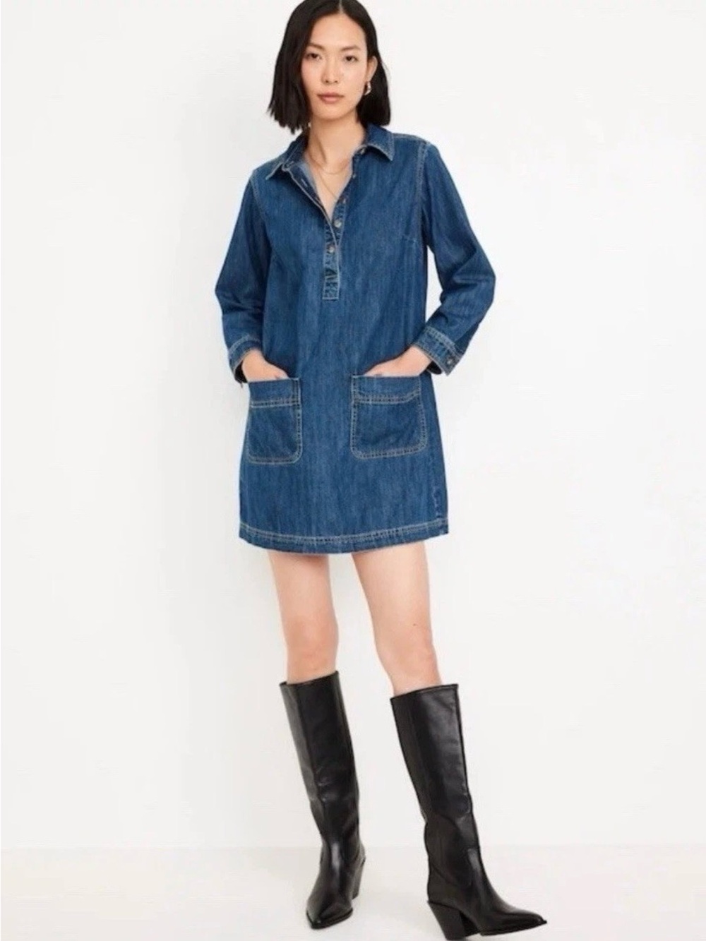 Old Navy Denim Popover Shirt Dress Double Pocket Western Preppy Casual Size XS
